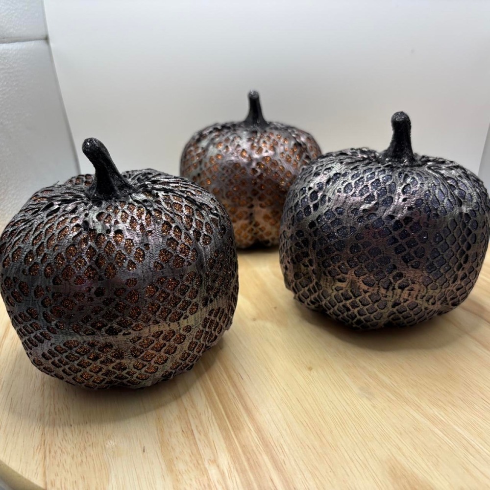 Set of 3 Halloween Gothic Mesh Sparkle Snakeskin Pumpkins Brown Black 5in
